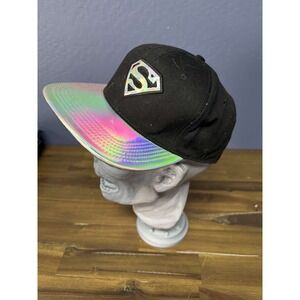 DC Superman OSFM Black Snapback Hat Holographic Iridescent Brim Cap